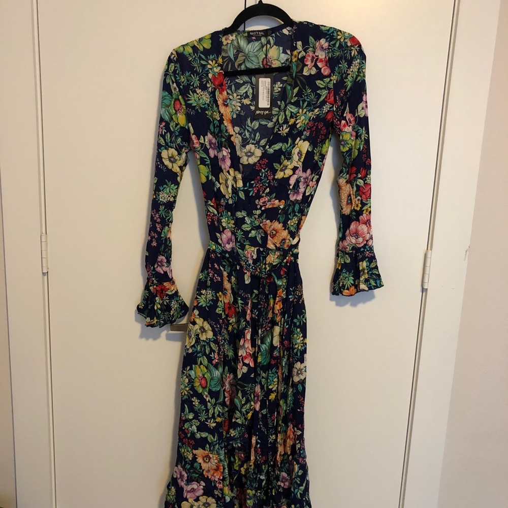 Nasty Gal long sleeve floral navy wrap dress